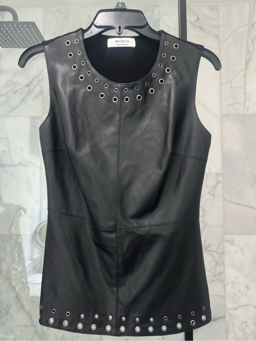 Bailey 44 Black Faux Leather Top with Silver Grommet Details